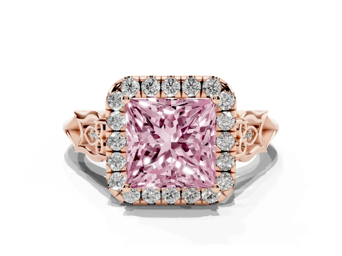 Fancy Pink Princess Cut Halo Diamond Engagement Ring with Filigree Band and Four-Prong Setting Rose gold