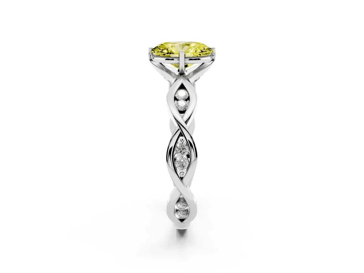 Fancy Yellow Oval Cut Solitaire Twist Band with Leaf Prong Setting White gold