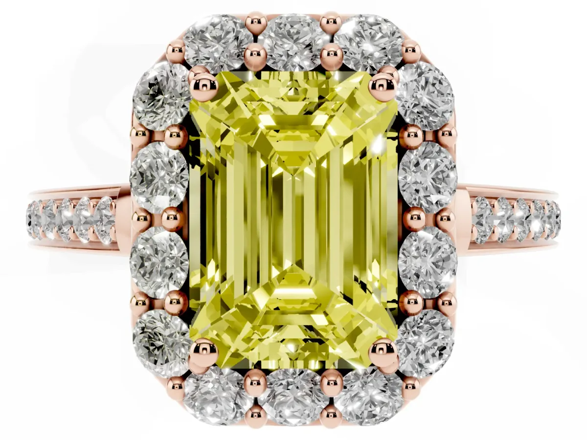 Fancy Yellow Emerald Cut Diamond Floral Halo Ring with Pavé Band and Prong Setting Rose gold