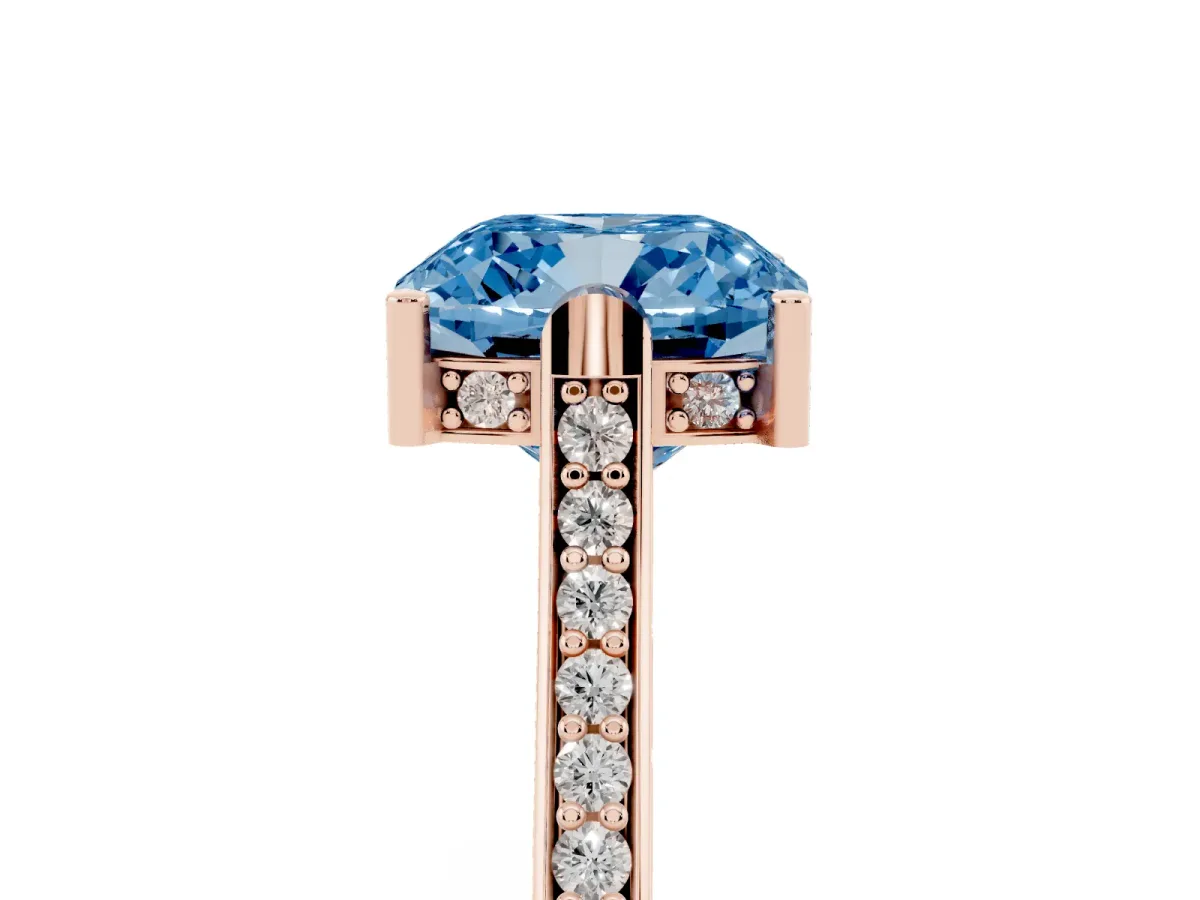 Fancy Blue Cushion Cut Solitaire Diamond Ring with Channel Set Band and Bezel Prong Setting Rose gold