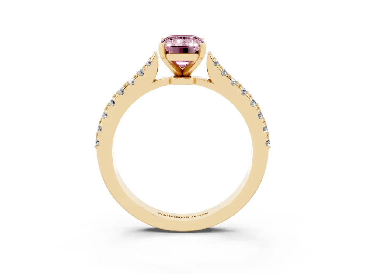 Fancy Pink Emerald Cut Cut Solitaire Diamond Engagement Ring with Pave Band and Four-Prong Setting Yellow gold