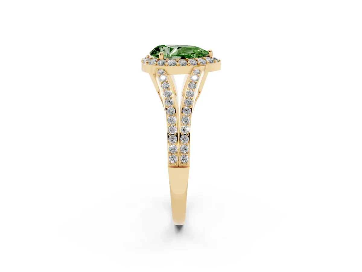 Fancy Green Pear Cut Halo Split Shank Pave Diamond Ring with Four-Prong Setting Yellow gold