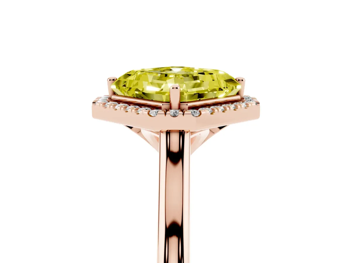 Fancy Yellow Asscher Cut Halo Round Diamond Solitaire Engagement Ring with Pave Band and Four-Prong Setting Rose gold