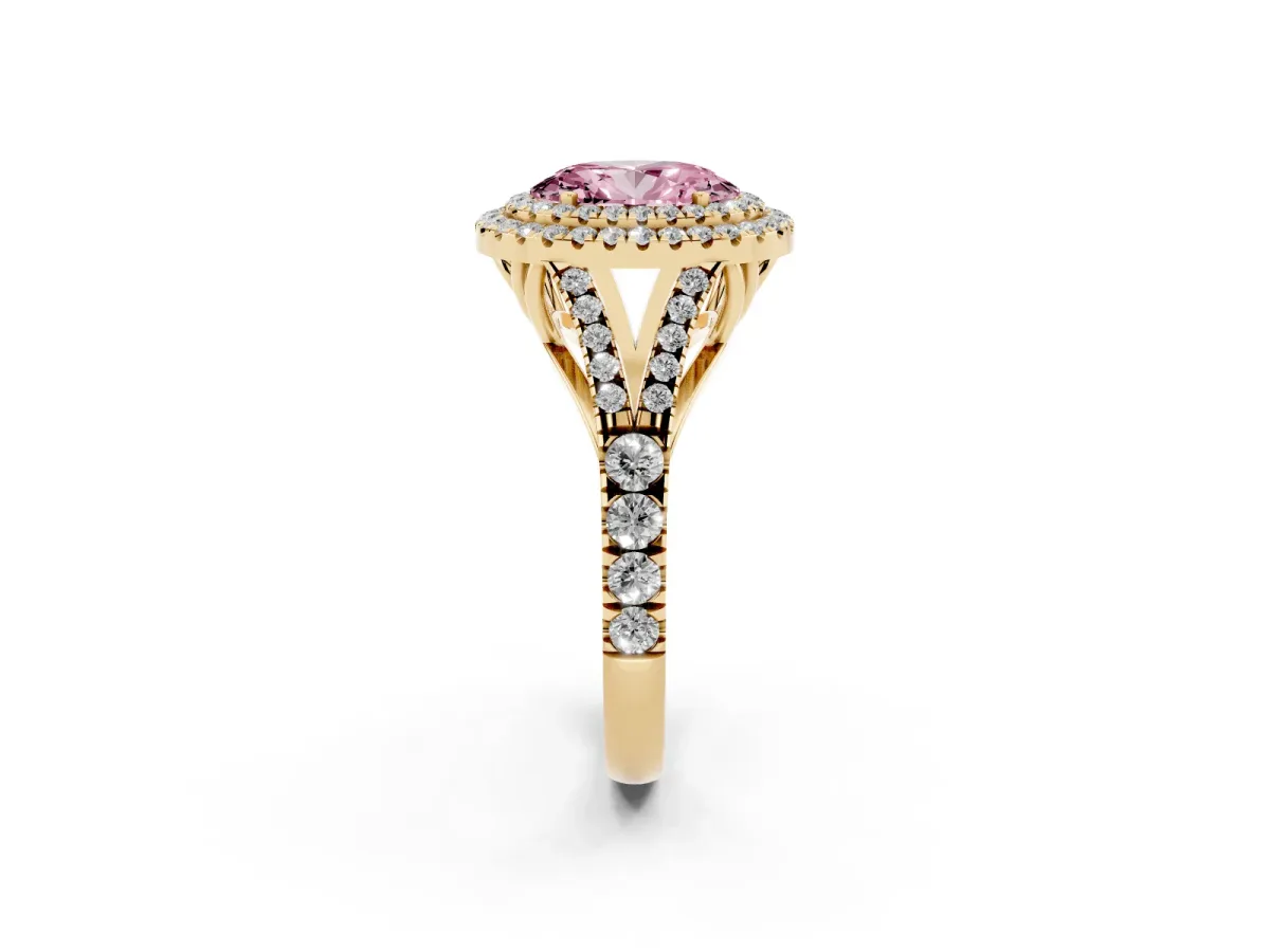 Fancy Pink Double Halo Oval Cut Diamond Split Shank Engagement Ring with Four-Prong Setting Yellow gold