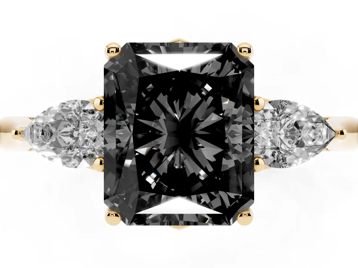 Fancy Black Radiant Cut Diamond Three-Stone Ring with Pear Side Stones and Prong Setting Yellow gold
