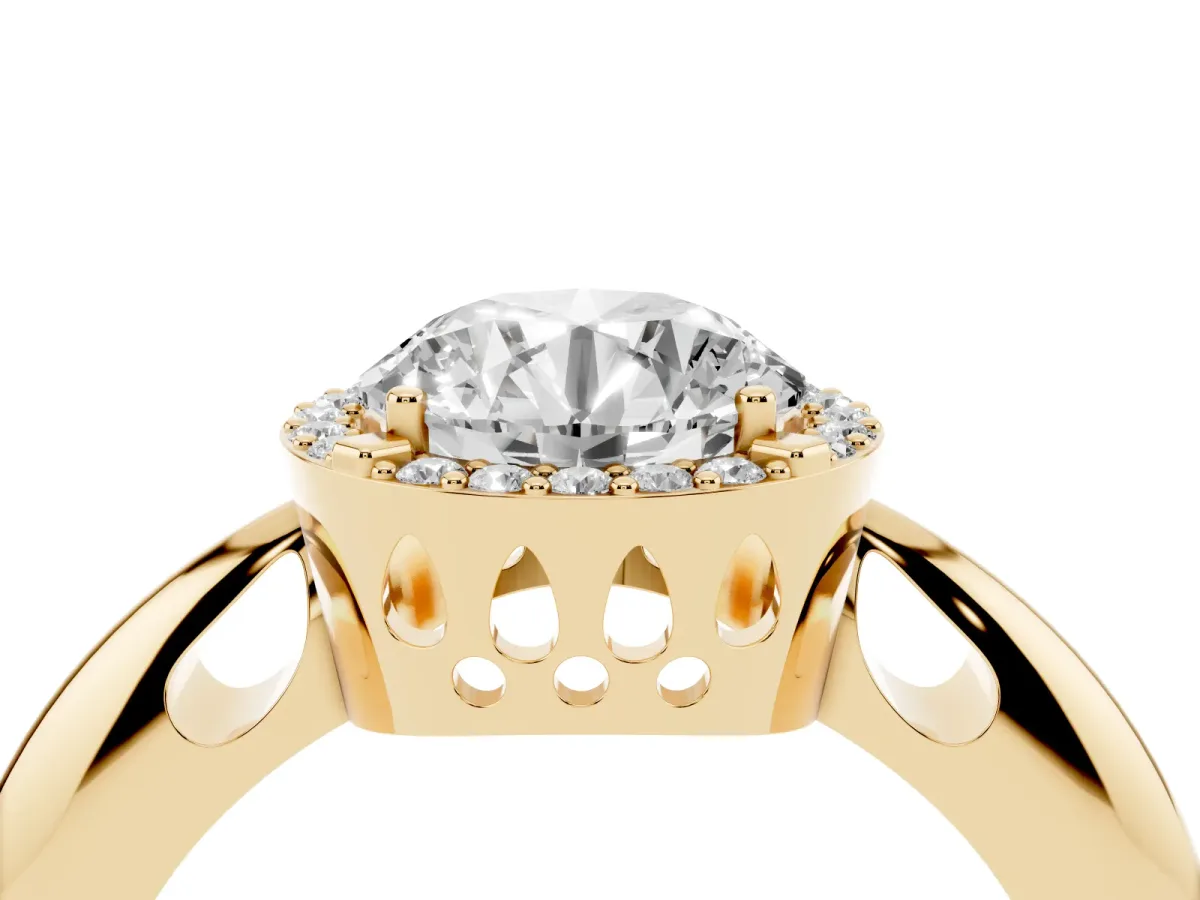 Round Cut Cut Diamond Halo Engagement Ring with Split Shank and Four-Prong Setting Yellow gold