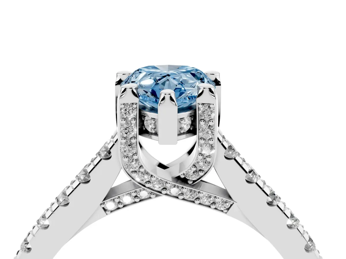 Fancy Blue Pear Cut Brilliant Diamond Solitaire with Pavé Band and Four-Prong Setting Silver