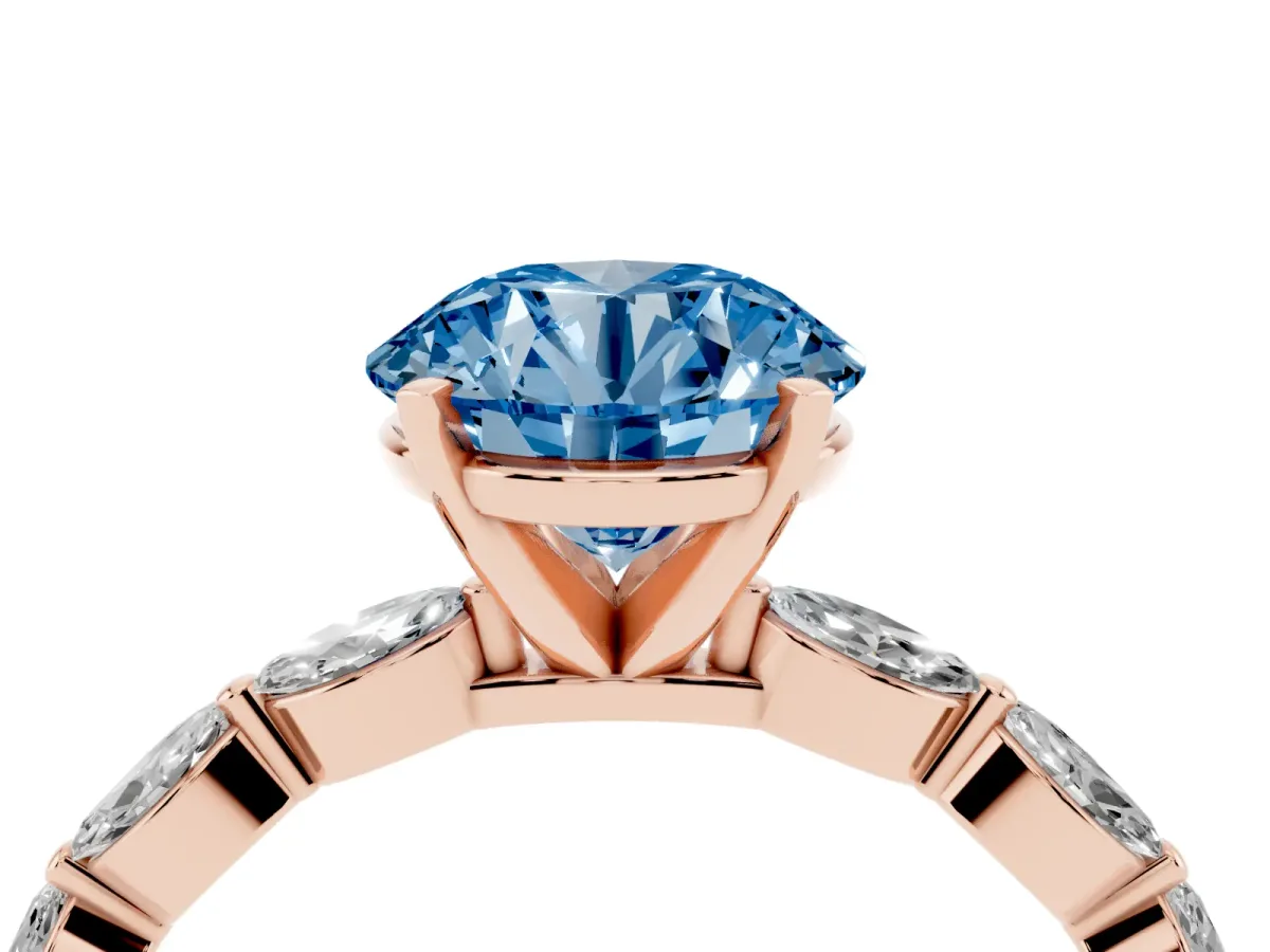 Fancy Blue Round Cut Diamond Ring with Marquise Side Stones and Prong Setting Rose gold