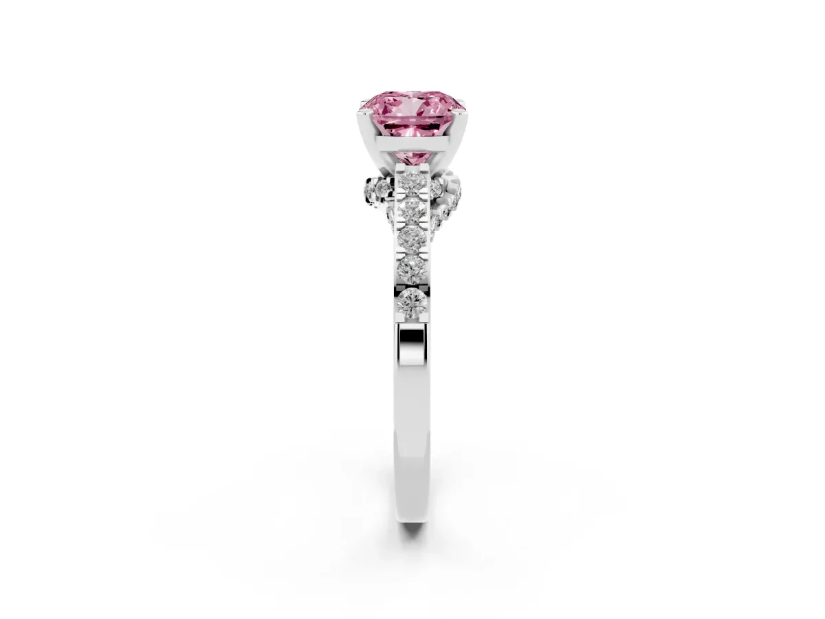 Fancy Pink Cushion Cut Diamond Solitaire Ring with Crossover Gallery and Round Pavé Band White gold