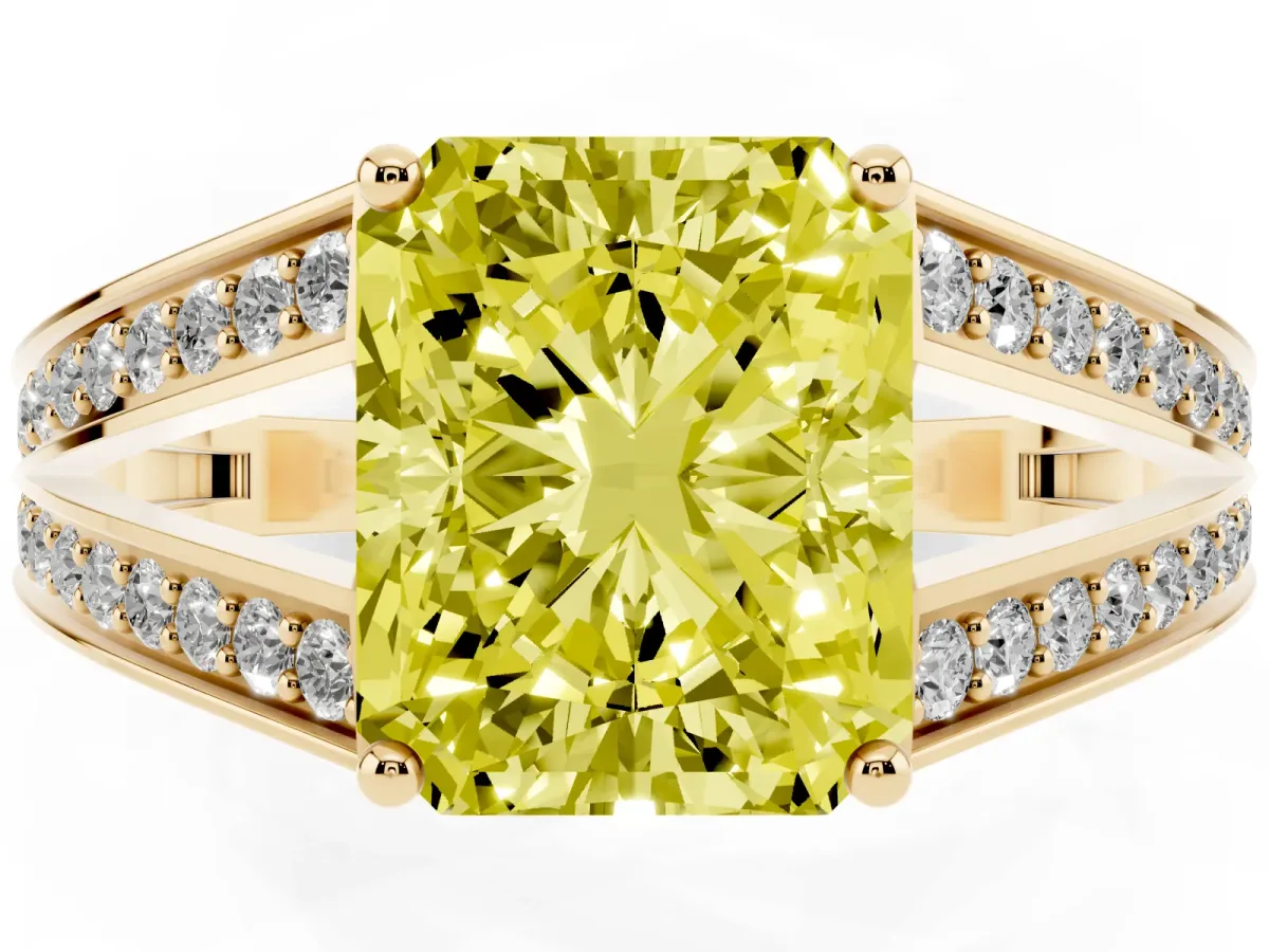 Fancy Yellow Radiant Cut Diamond Split Shank Ring with Pavé Band and Four-Prong Setting Yellow gold