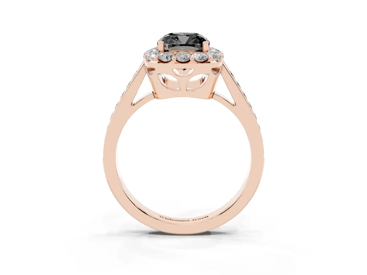 Fancy Black Cushion Cut Diamond Floral Halo Ring with Pavé Band and Prong Setting Rose gold