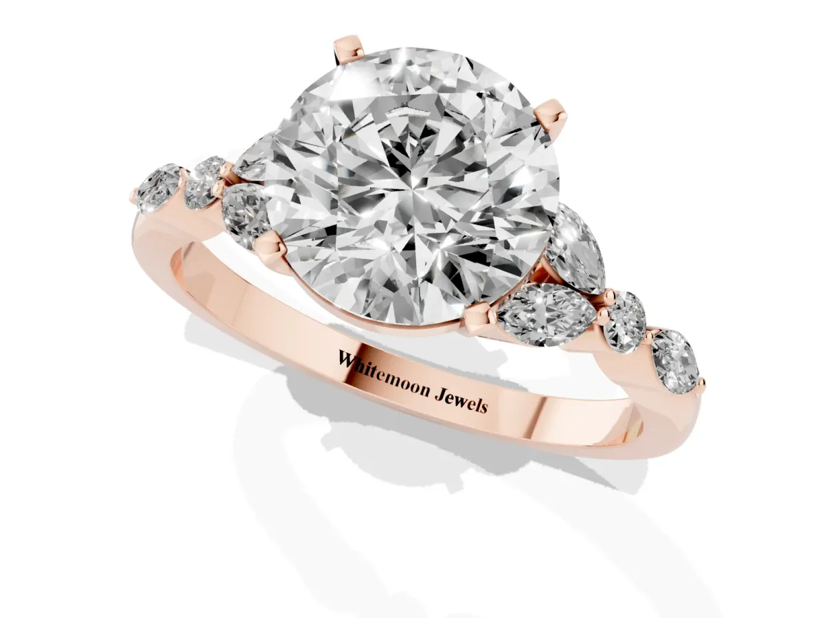Round Cut Diamond Solitaire Ring with Side Stones and Four-Prong Setting Rose gold