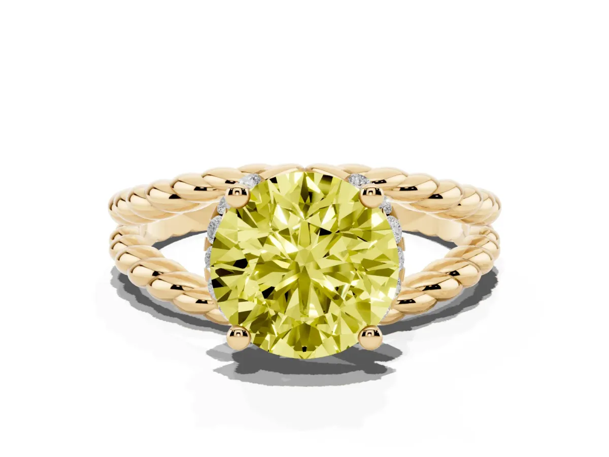 Fancy Yellow Round Cut Halo Twisted Band Four-Prong Ring Yellow gold