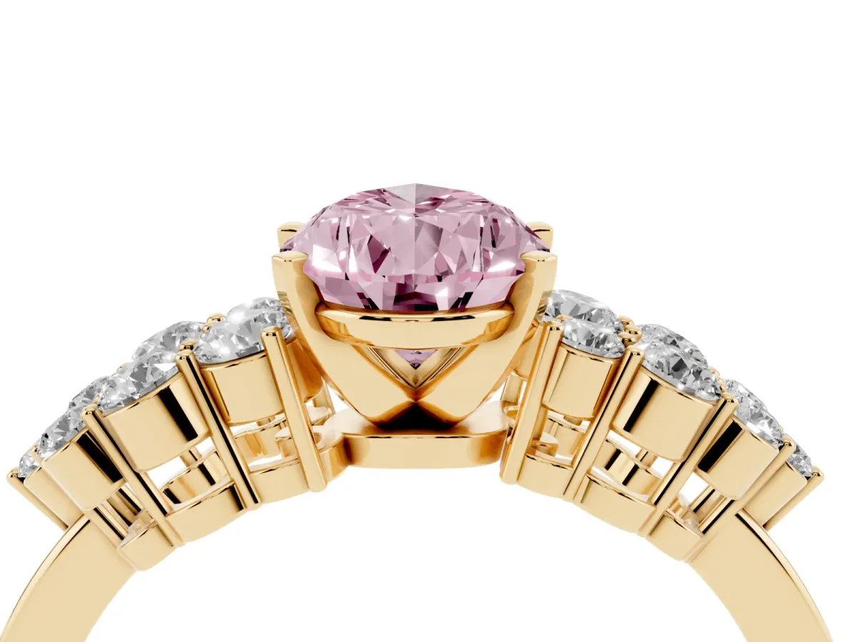 Fancy Pink Pear Cut Cluster Diamond Engagement Ring with Pavé Band and Four-Prong Setting Yellow gold