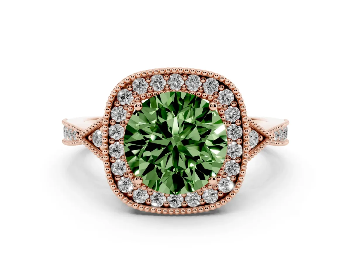 Fancy Green Round Cut Halo Round Diamond Milgrain Pave Engagement Ring Rose gold