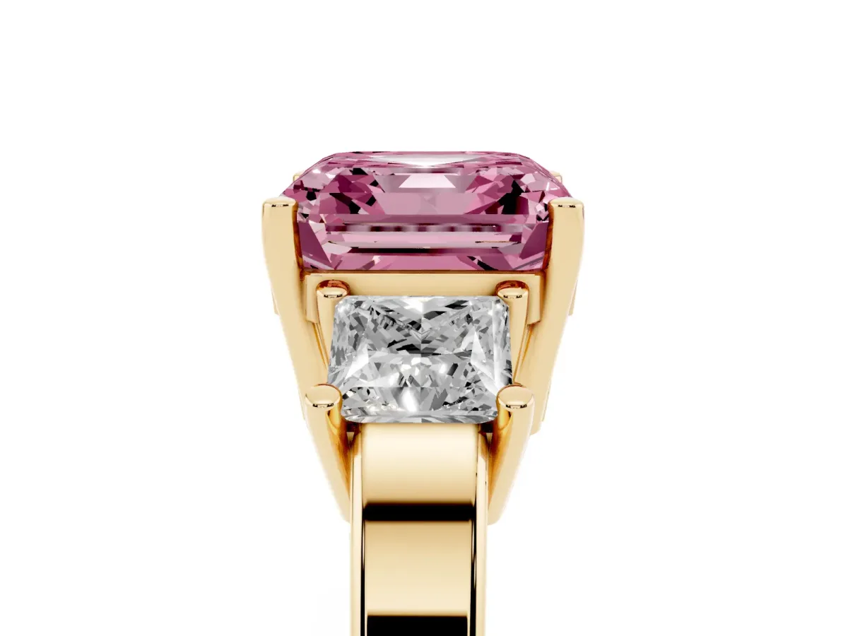 Fancy Pink Three-Stone Asscher Cut Cut Solitaire Ring with Prong Setting Yellow gold