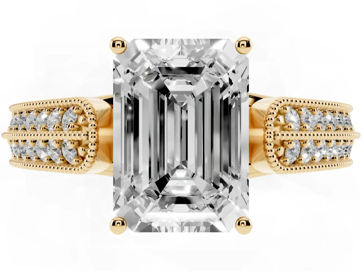 Emerald Cut Cut Pave Split Shank Engagement Ring with Four-Prong Setting Yellow gold