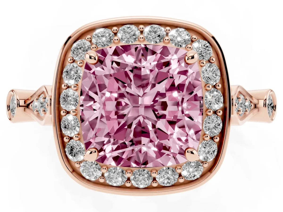 Fancy Pink Cushion Cut Halo Diamond Engagement Ring with Twisted Band and Four-Prong Setting Rose gold