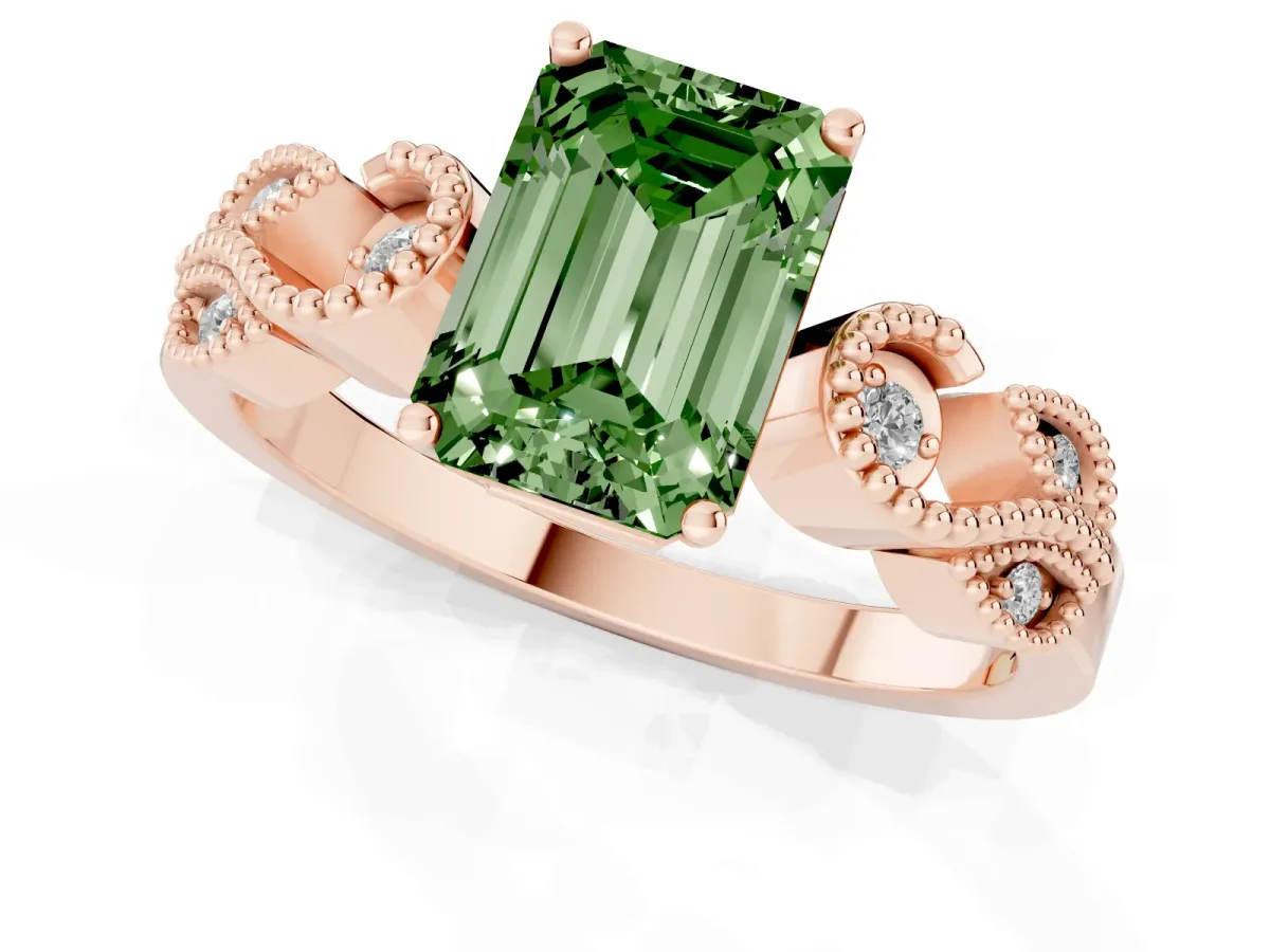 Fancy Green Emerald Cut Solitaire Milgrain Leaf Band with Prong Setting Rose gold