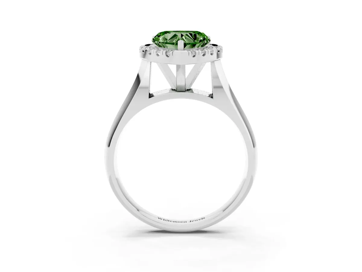 Fancy Green Heart Cut Cut Halo Solitaire Engagement Ring with Square Band and Four-Prong Setting Silver