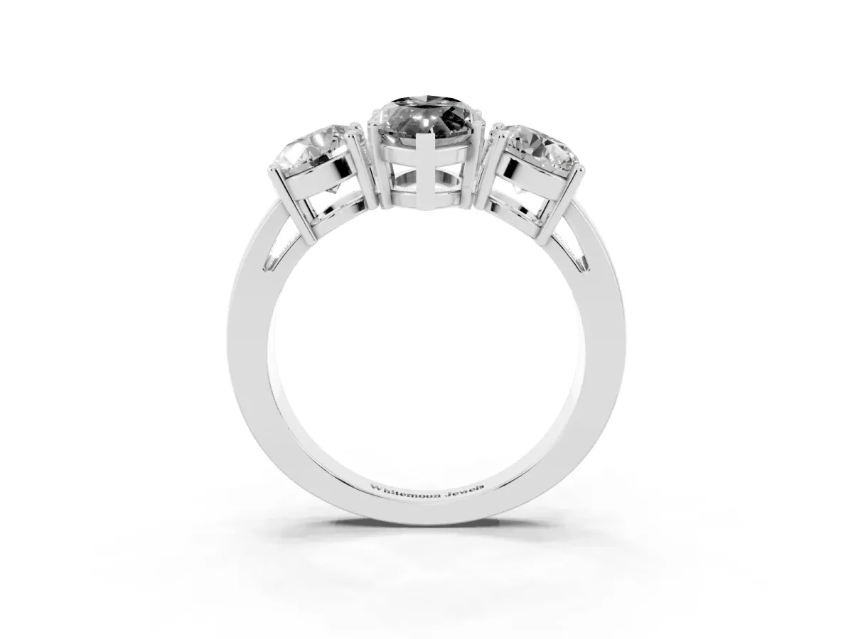 Fancy Black Three-Stone Marquise Cut Diamond Ring with Round Side Stones, Classic Band, and Four-Prong Setting Silver