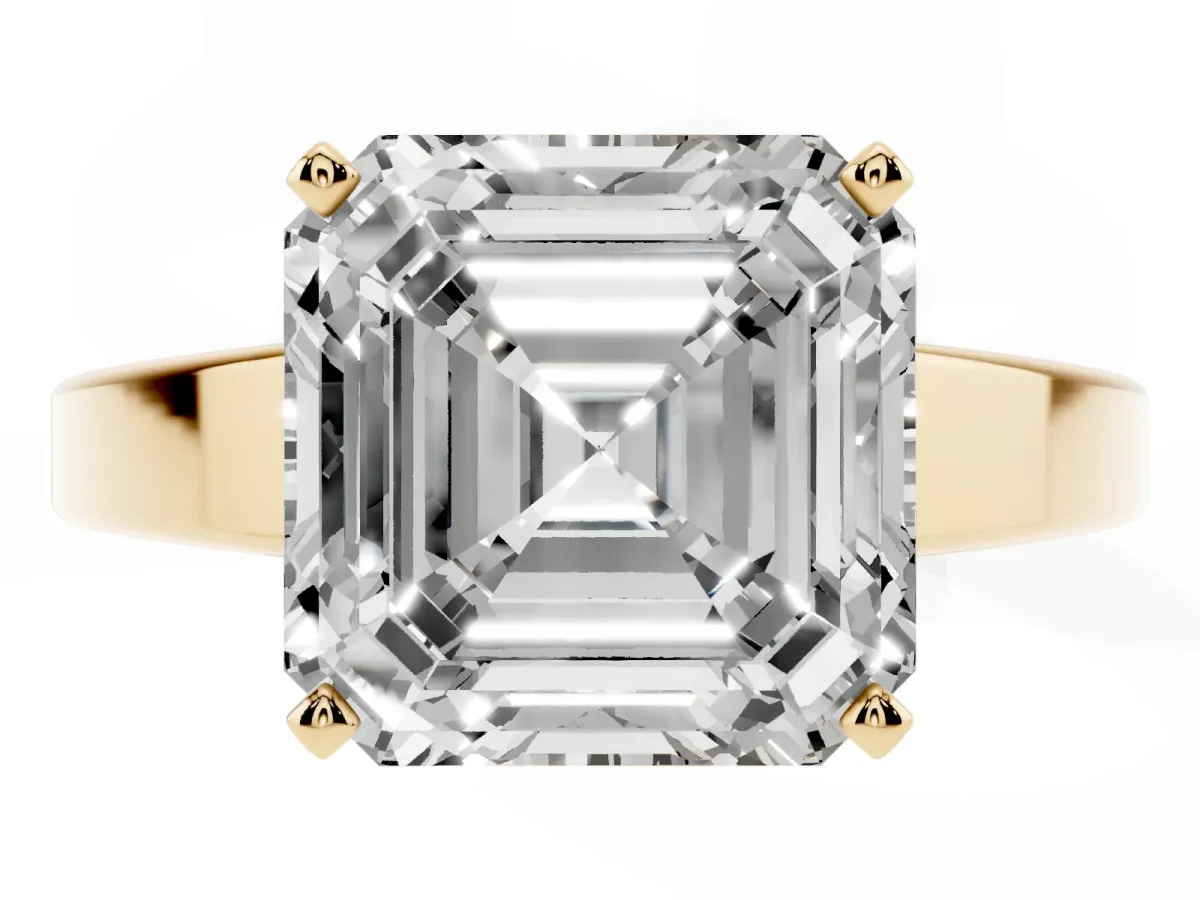 Asscher Cut Solitaire Engagement Ring with Four-Prong Setting and Tapered Band Yellow gold