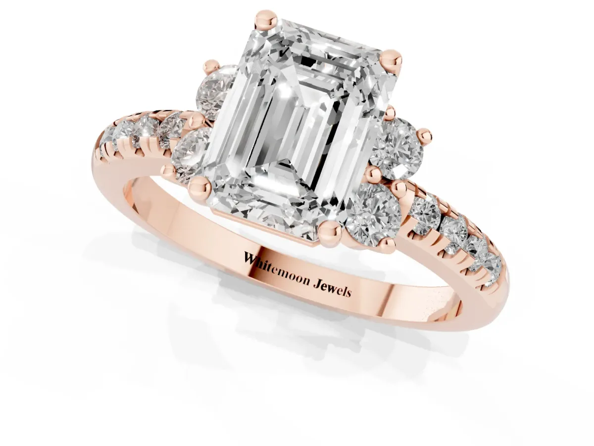 Emerald Cut Diamond Three-Stone Pave Band with Four-Prong Setting Rose gold