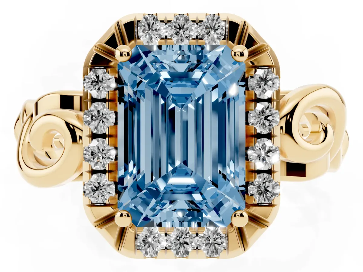 Fancy Blue Emerald Cut Cut Halo Diamond Ring with Scrollwork Band and Four-Prong Setting Yellow gold