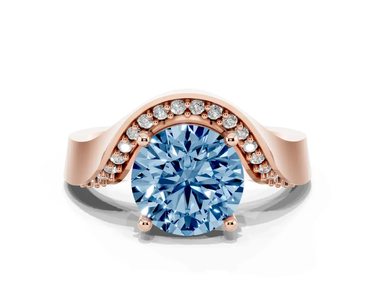 Fancy Blue Round Cut Solitaire Diamond Engagement Ring with Pave Band and Four-Prong Setting Rose gold