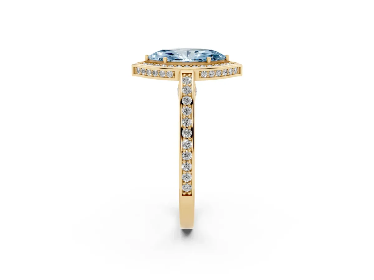 Fancy Blue Marquise Cut Cut Halo Pave Split Shank Prong Setting Ring Yellow gold