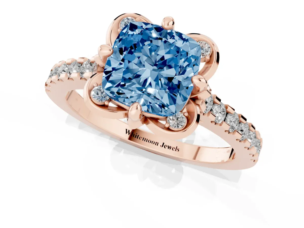 Fancy Blue Cushion Cut Diamond Ring with Pavé Band and Floral Prong Setting Rose gold