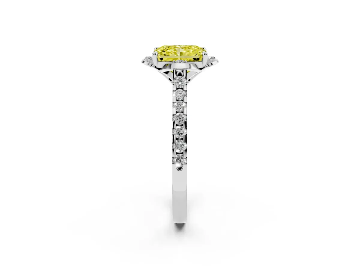 Fancy Yellow Radiant Cut Diamond Ring with Pavé Band and Floral Prong Setting White gold