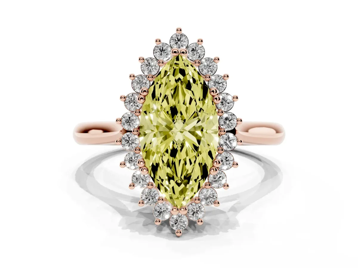 Fancy Yellow Marquise Cut Cut Diamond Halo Ring with Solitaire Band and Prong Setting Rose gold