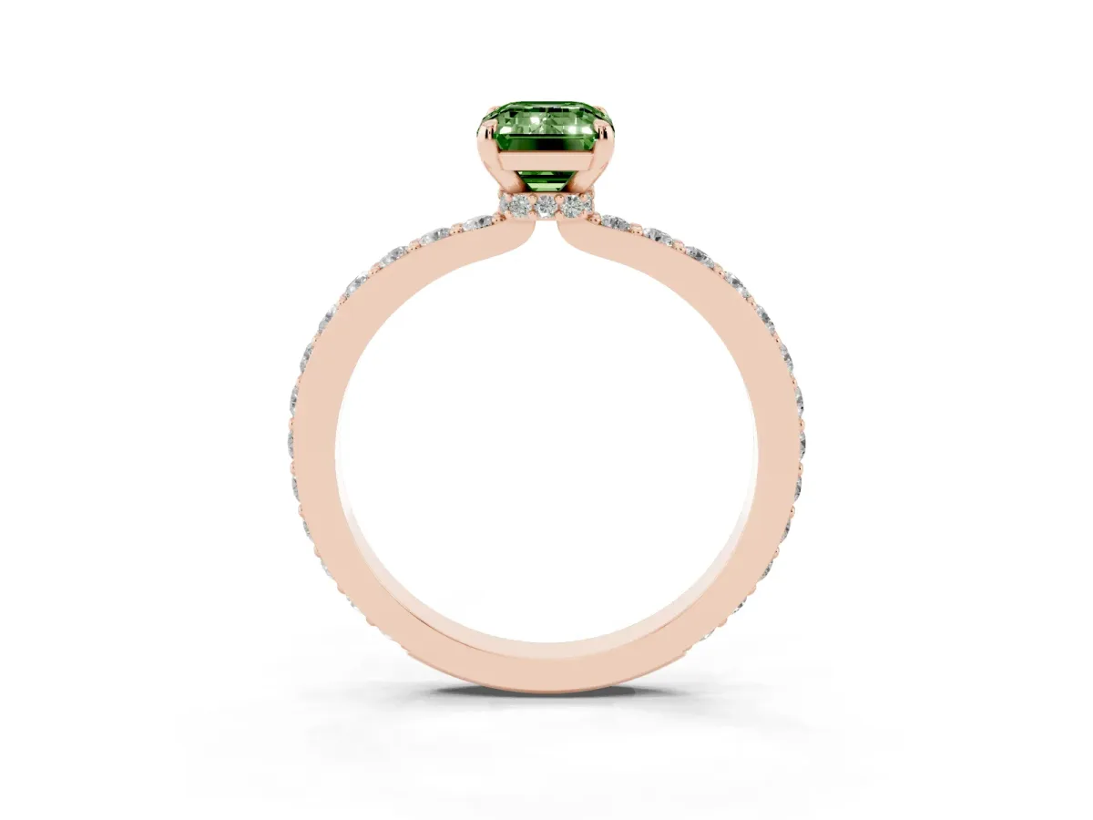Fancy Green Emerald Cut Diamond Solitaire Engagement Ring with Pavé Band and Four-Prong Setting Rose gold