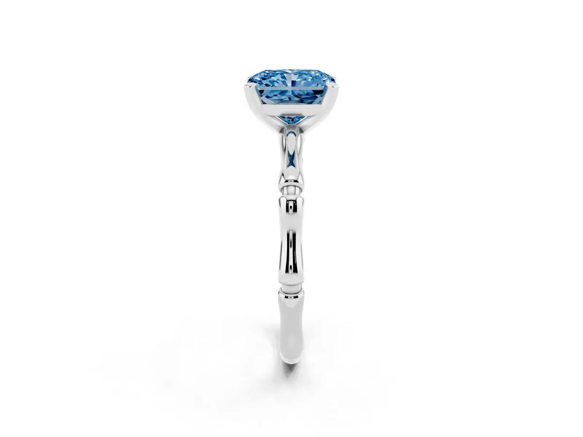 Fancy Blue Radiant Cut Solitaire Diamond Ring with Bamboo Band and Four-Prong Setting Silver