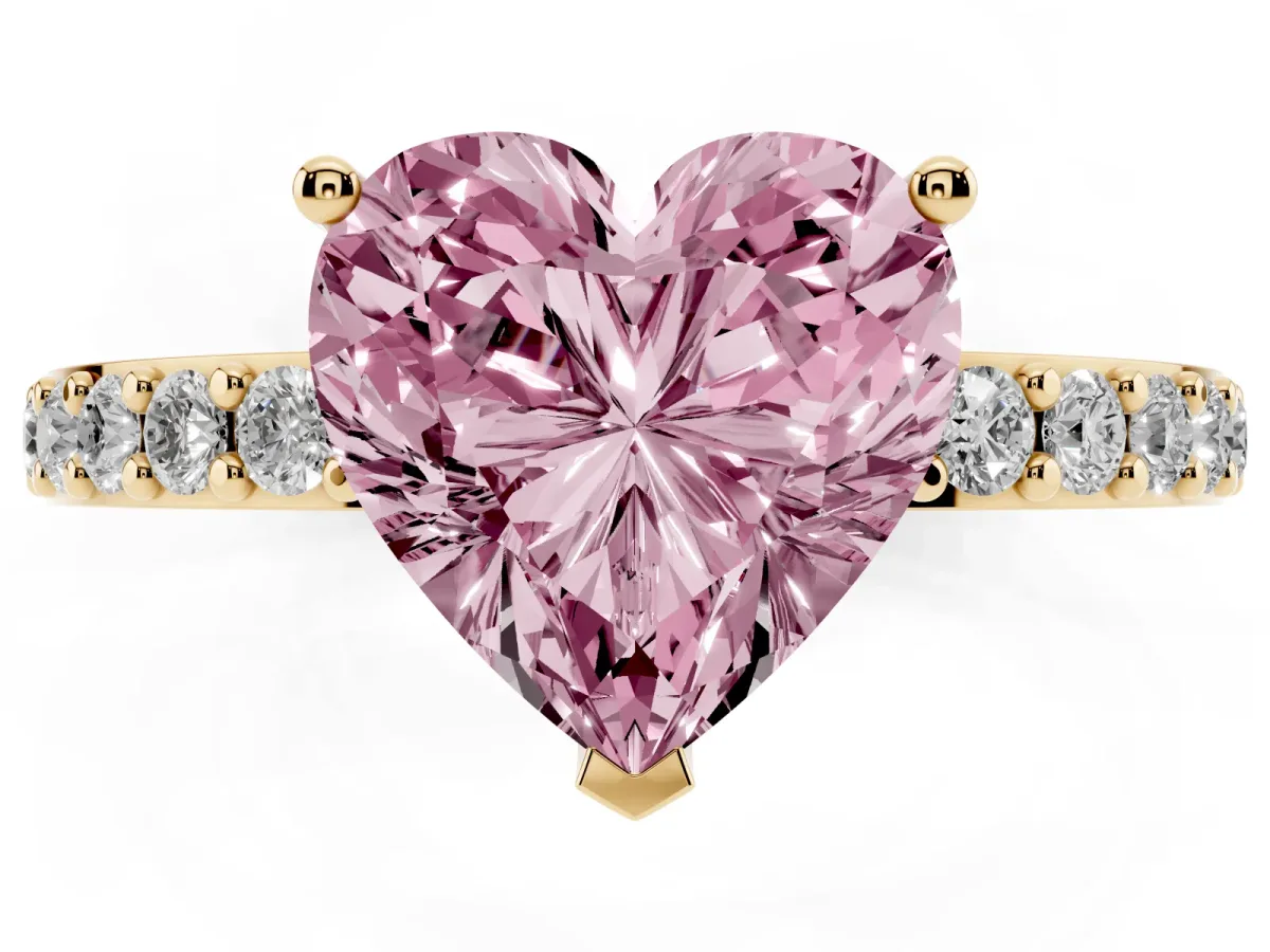 Fancy Pink Heart Cut Cut Diamond Solitaire with Pave Band and Four-Prong Setting Yellow gold