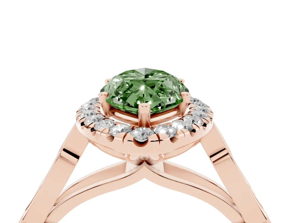 Fancy Green Marquise Cut Halo Diamond Engagement Ring with Filigree Band and Four-Prong Setting Rose gold
