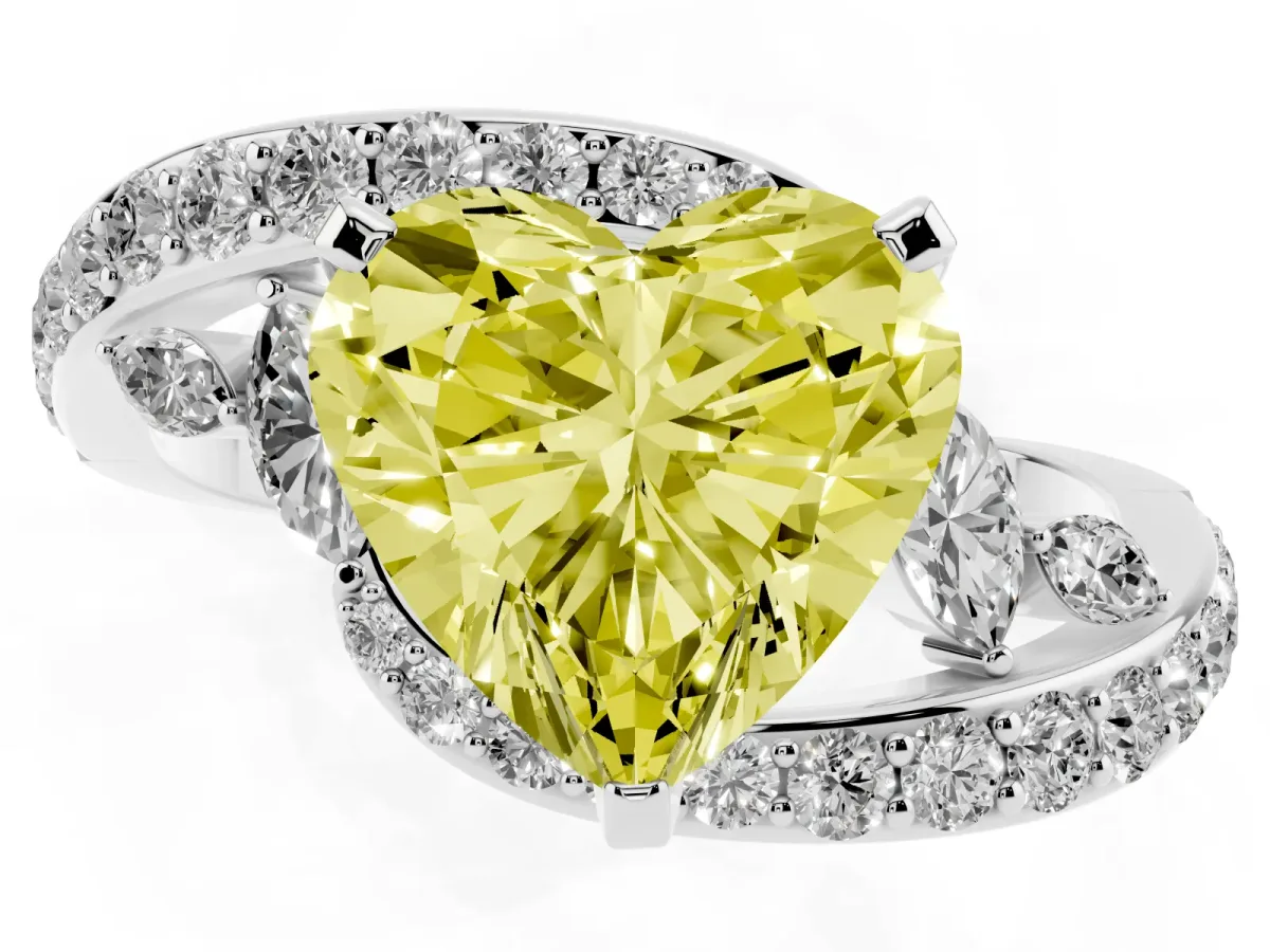 Fancy Yellow Heart Cut Solitaire with Pavé Twist Band and Four-Prong Setting Platinum