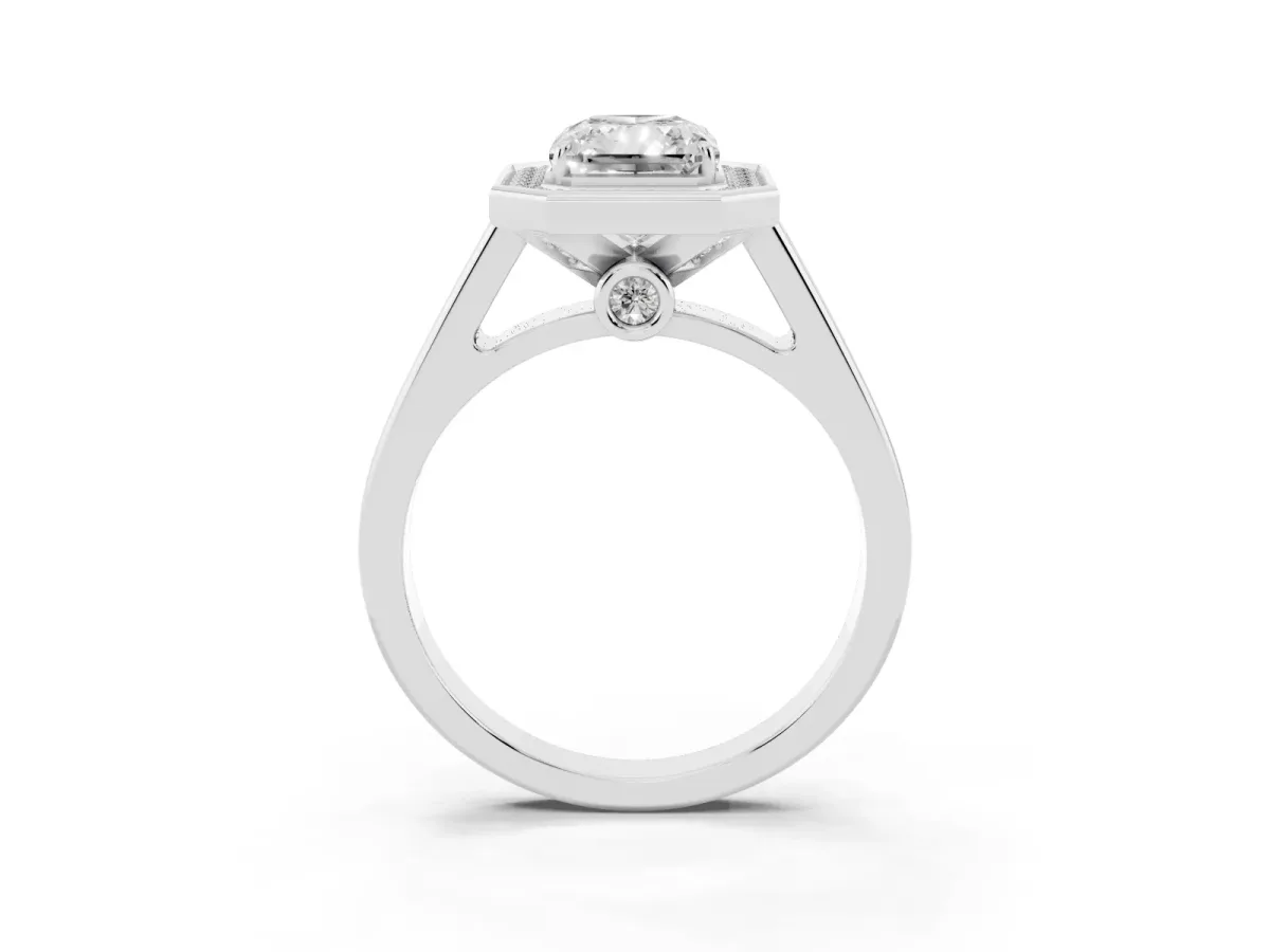 Radiant Cut Halo Solitaire Diamond Ring with Pave Band and Bezel Setting Silver
