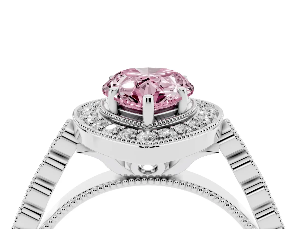 Fancy Pink Pear Cut Halo Milgrain Solitaire with Bezel Set Side Stones and Pave Band White gold