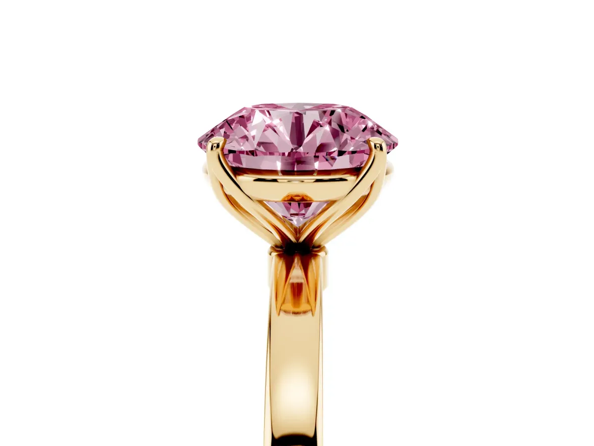 Fancy Pink Round Cut Diamond Solitaire Ring with Thin Band and Prong Setting Yellow gold