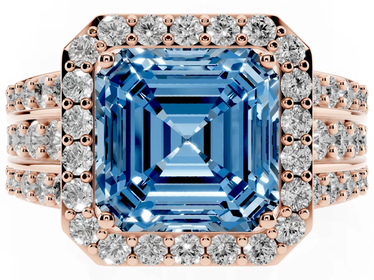 Fancy Blue Asscher Cut Halo Diamond Ring with Round Split Shank and Prong Setting Rose gold