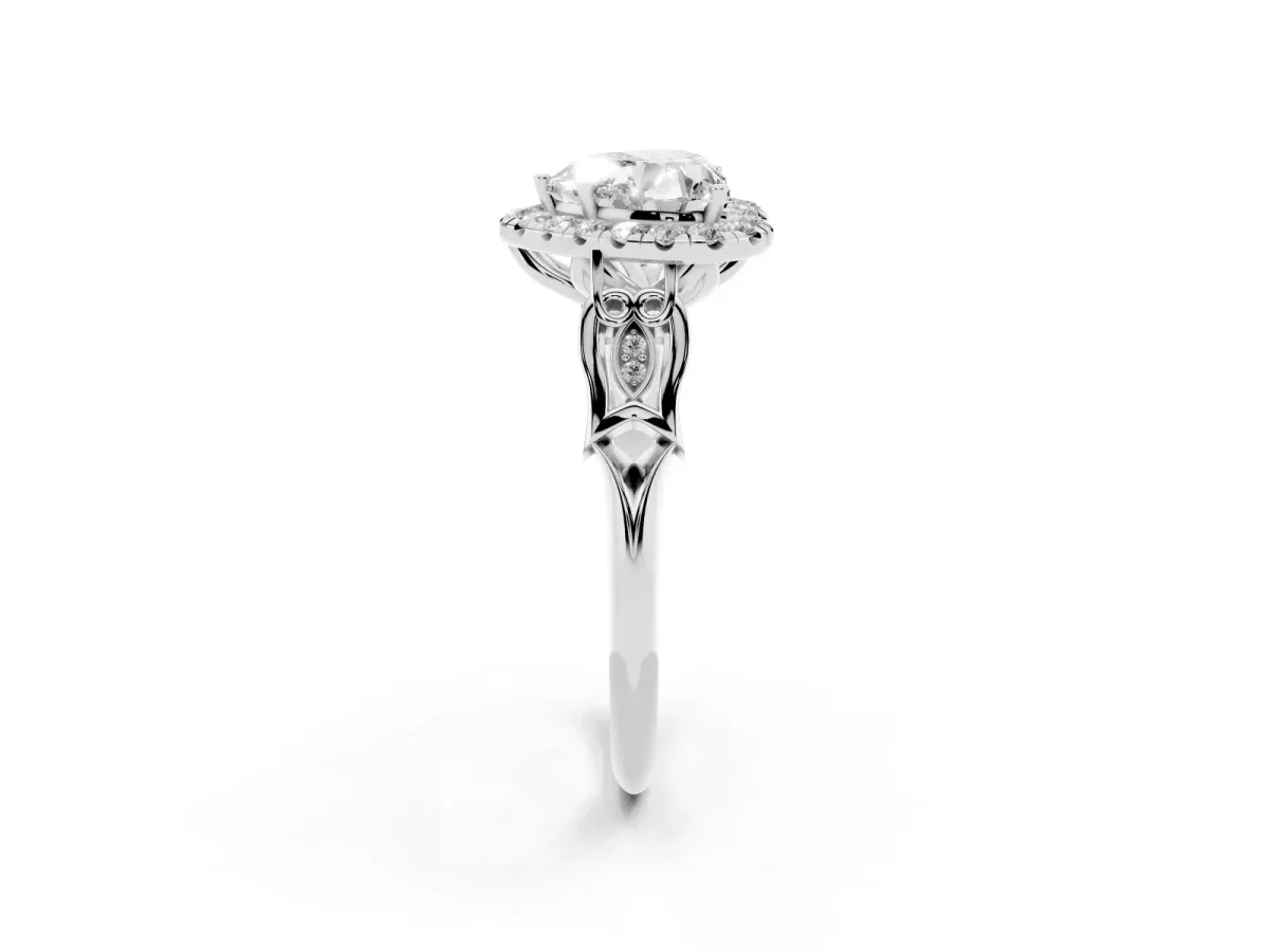 Heart Cut Halo Diamond Engagement Ring with Filigree Band and Four-Prong Setting Silver