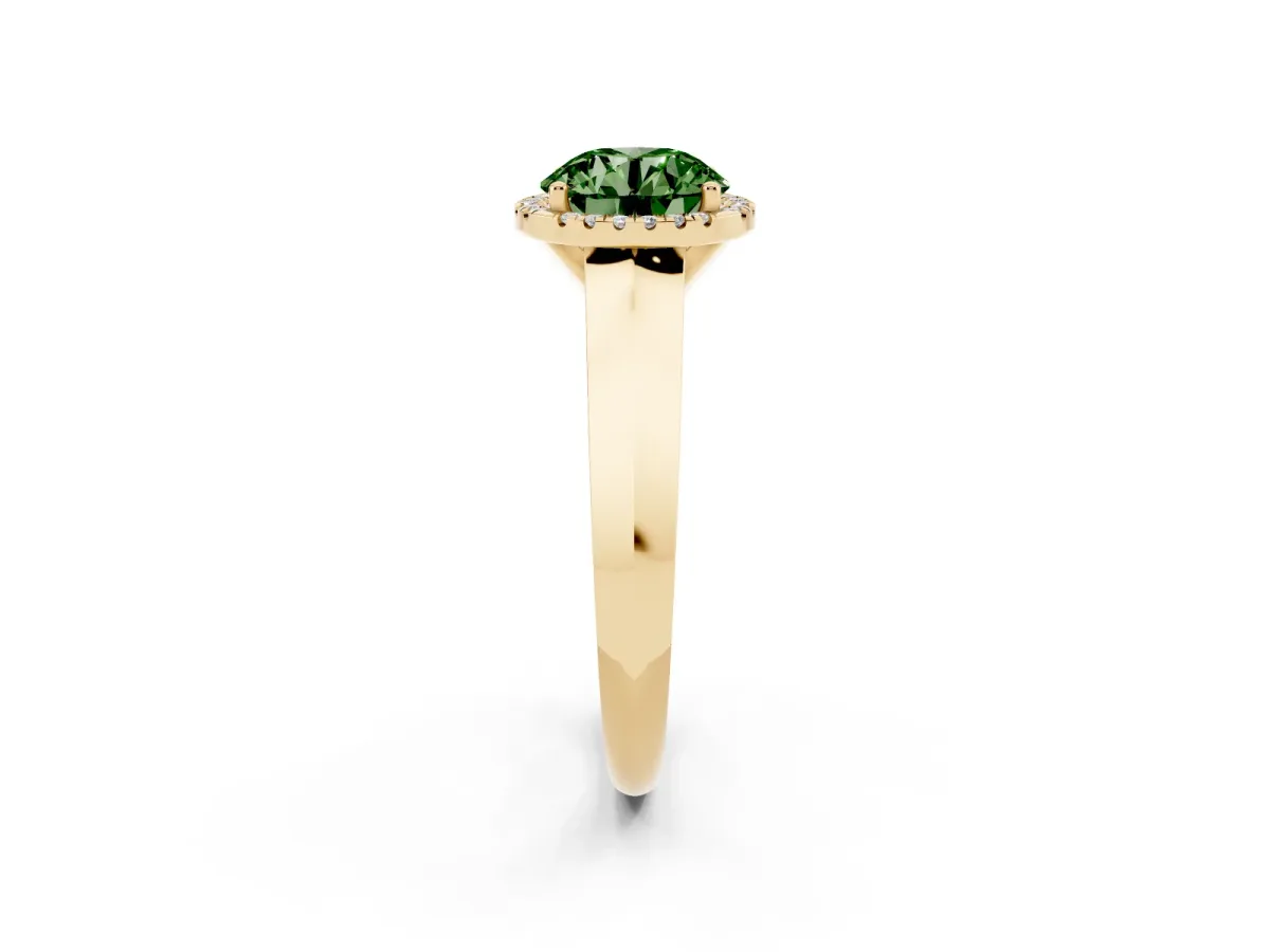 Fancy Green Round Cut Halo Diamond Ring with Cathedral Band and Four-Prong Setting Yellow gold