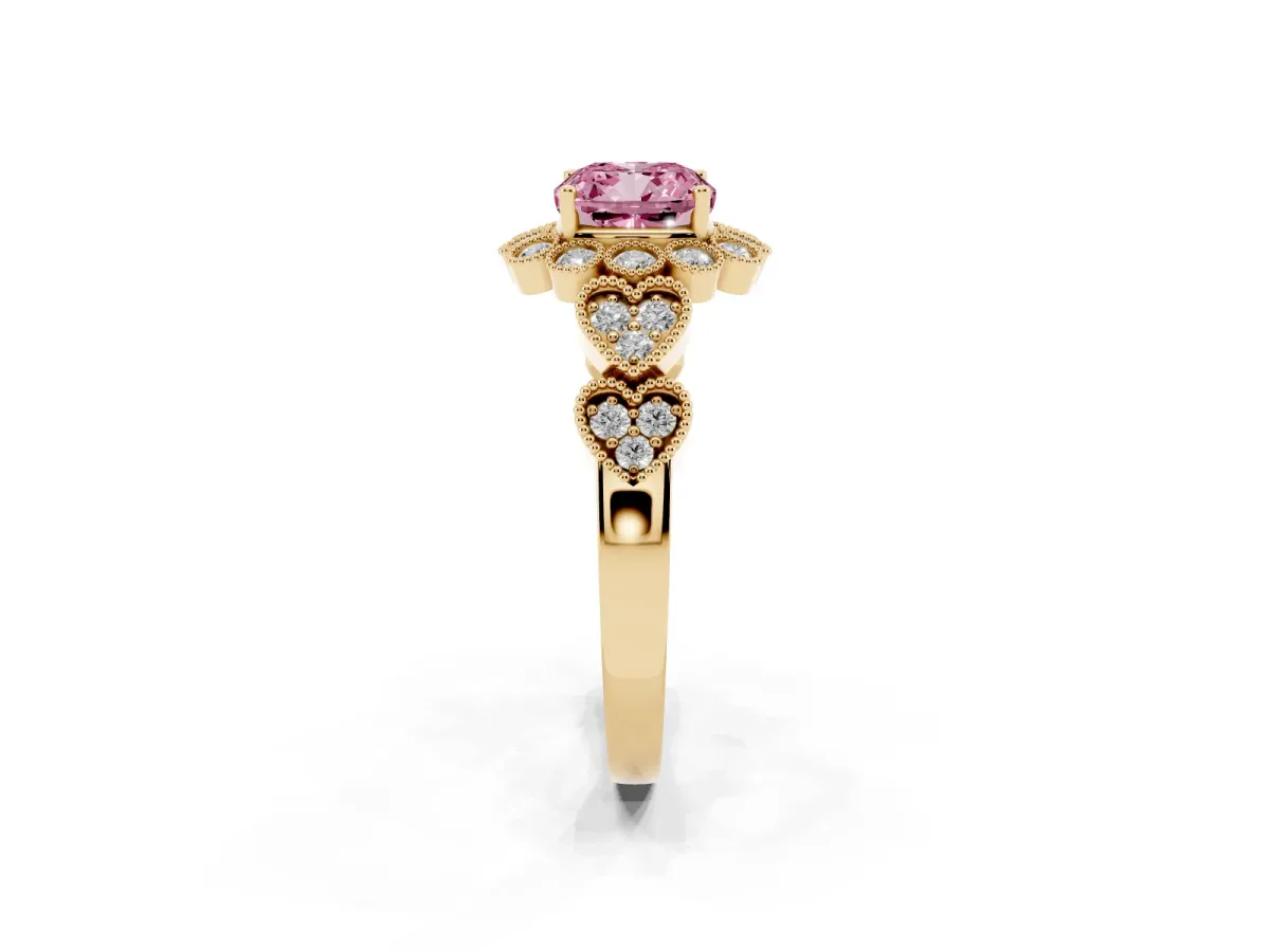 Fancy Pink Cushion Cut Brilliant Milgrain Pave Heart Band Solitaire Ring Yellow gold