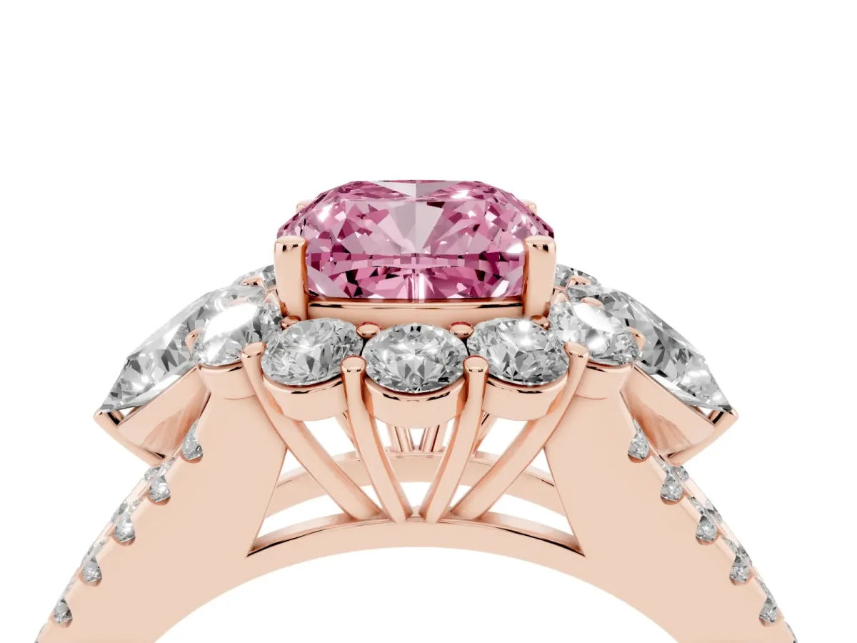 Fancy Pink Cushion Cut Halo Split Shank Diamond Engagement Ring with Prong Setting Rose gold