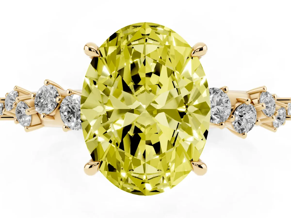 Fancy Yellow Oval Cut Diamond Cluster Side Stone Solitaire Ring with Prong Setting Yellow gold