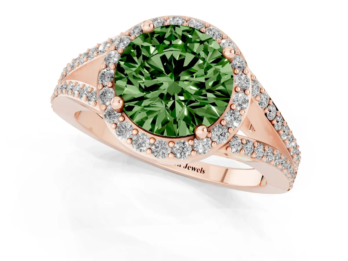 Fancy Green Round Cut Halo Split Shank Diamond Ring with Prong Setting Rose gold