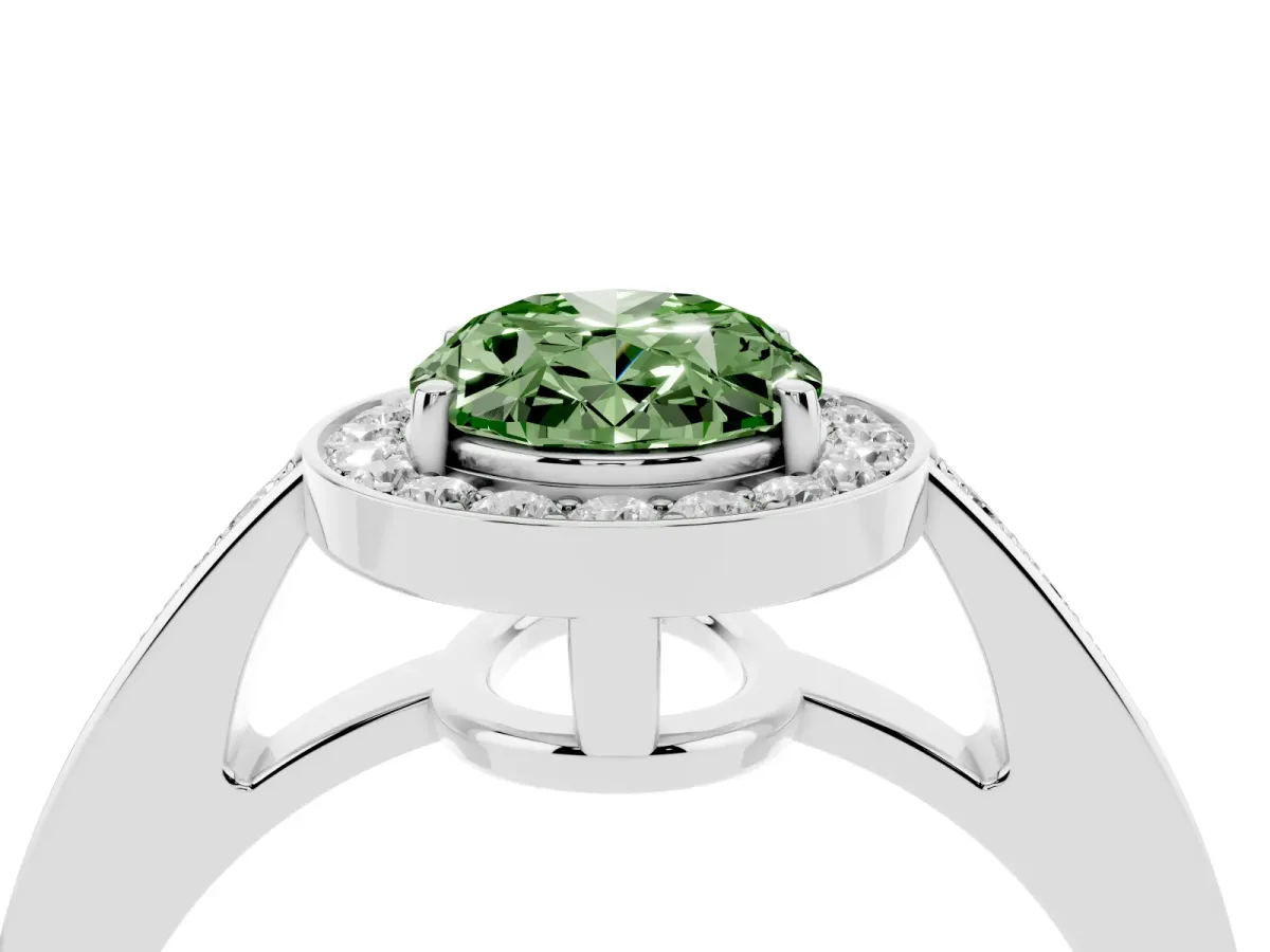 Fancy Green Oval Cut Halo Pavé Diamond Engagement Ring with Bezel Setting Silver