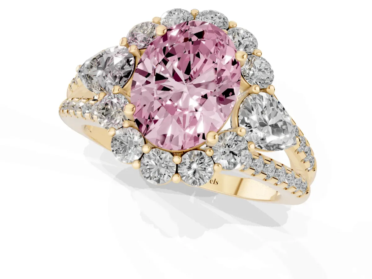 Fancy Pink Oval Cut Halo Split Shank Diamond Engagement Ring with Prong Setting Yellow gold